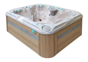 PassionSpa Happy hot tub – Signature Collection, beige finish, white finish, wooden panel, teal LED lighting