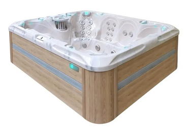 PassionSpa Harmony hot tub – white finish, light wood cladding, LED lighting