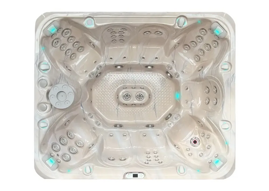 PassionSpa Harmony hot tub – beige marble pattern, turquoise accents PassionSpa Harmony hot tub – beige marble pattern, turquoise accents