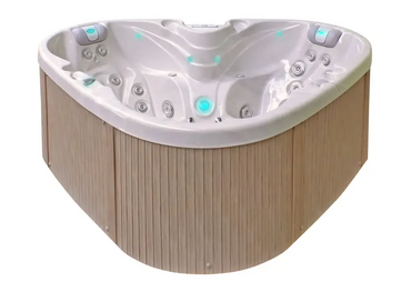 PassionSpa Heart hot tub – white interior, light wood cladding, blue LED lighting, massage jets