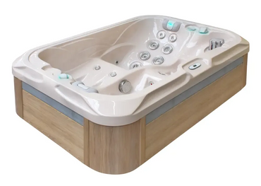 PassionSpa Indulgence hot tub – beige finish, wooden panel, massage jets