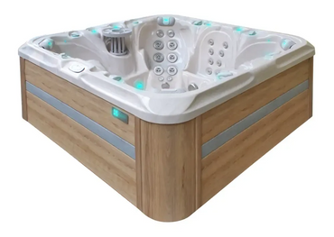 PassionSpa Joy hot tub – white wood-effect finish, turquoise LED lighting