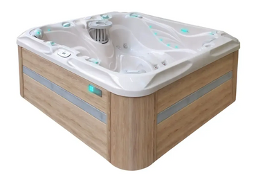 PassionSpa Pleasure hot tub – white acrylic, Signature Collection, light wood cladding, silver details