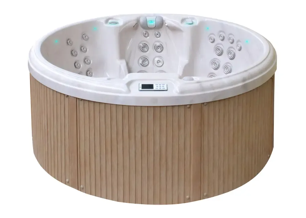 PassionSpa Recharge hot tub – white finish, bamboo exterior, blue LED lighting, massage jets