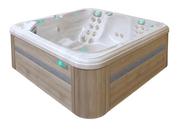 PassionSpa Reflect hot tub – modern design, white interior, light wood cladding, grey stripes
