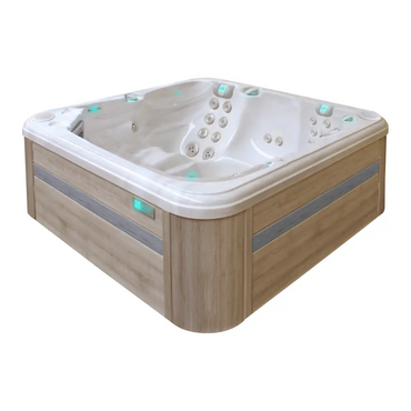 Modern vit badkar PassionSpa Reflect Spabad med ljus träpanel och grå ränder