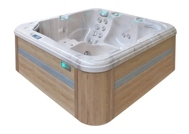 PassionSpa Relax hot tub – modern design, light wood cladding, white interior, massage jets, blue LED lighting
