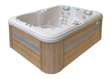 PassionSpa Renew hot tub – Pure Collection, cream-coloured finish, wooden panel