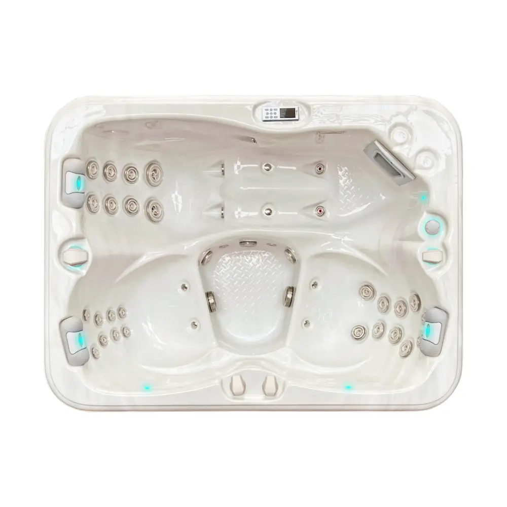 Vitvitt akrylbadkar PassionSpa Renew Spabad Pure Collection med silvermunstycken och ljusblå belysning