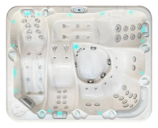 PassionSpa Repose hot tub – Pure Collection, white acrylic, silver massage jets, blue LED lighting