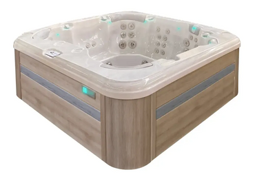 PassionSpa Resettle hot tub – modern design, beige finish, wooden panel, LED lighting