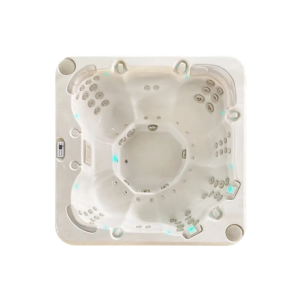 PassionSpa Resettle Spabad Pure Collection med krämfärgad badtunna blå LED-belysning och jetmunstycken