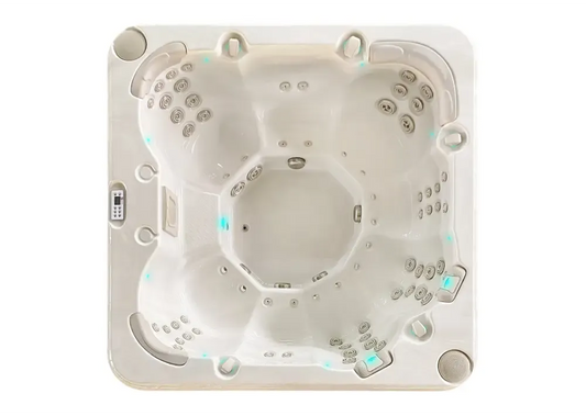 PassionSpa Resettle hot tub – Pure Collection, cream-coloured finish, blue LED lighting, massage jets