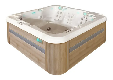 PassionSpa Retreat hot tub – modern design, light wood cladding, white interior, massage jets, blue LED lighting