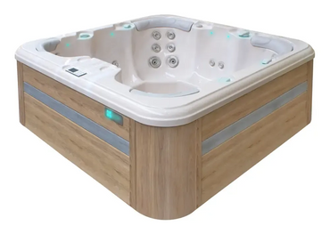 PassionSpa Rewind hot tub – white wood cladding, silver details, massage jets