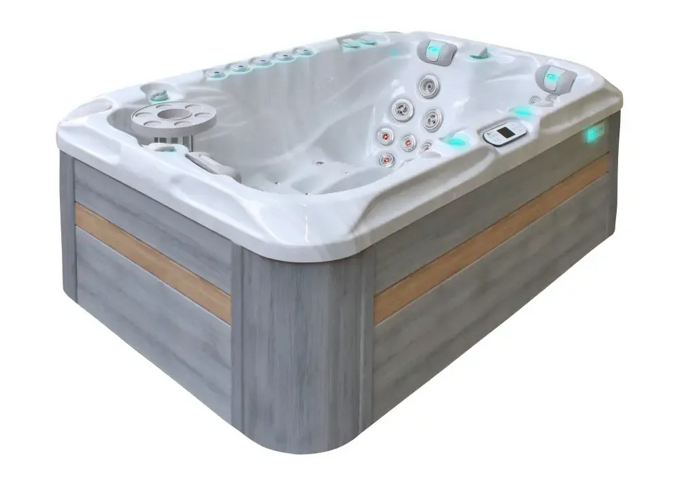 PassionSpa Sensation hot tub – grey wood texture, white interior, turquoise LED lighting, massage jet controls