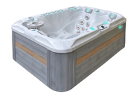 PassionSpa Sensation hot tub – grey wood texture, white interior, turquoise LED lighting, massage jet controls
