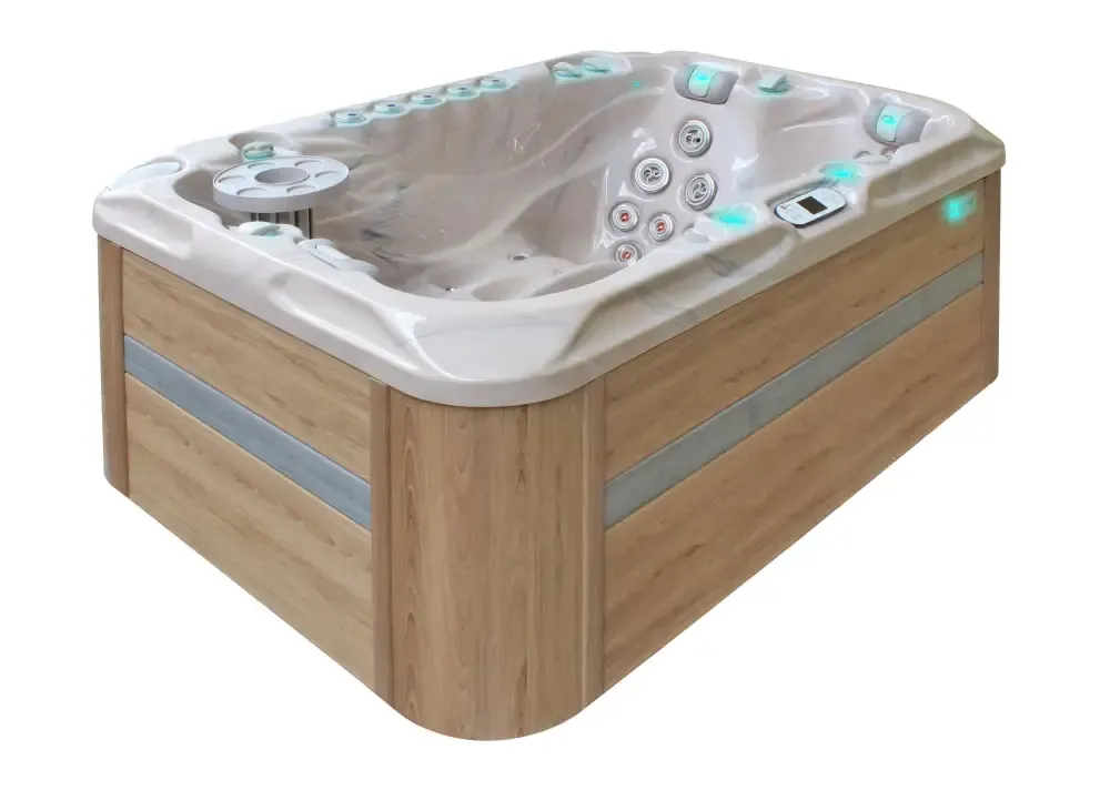PassionSpa Sensation hot tub – beige wood cladding, control panel, blue LED lighting