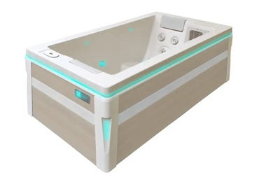 PassionSpa Serene 2 hot tub – beige and white, modern design, turquoise LED-lit edges
