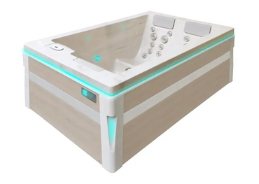 PassionSpa Serene 3 hot tub – light wood cladding, white interior, turquoise LED lighting