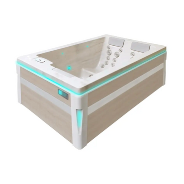 PassionSpa Serene 3 Spabad med ljus träfasad, vit interiör och turkos LED-belysning