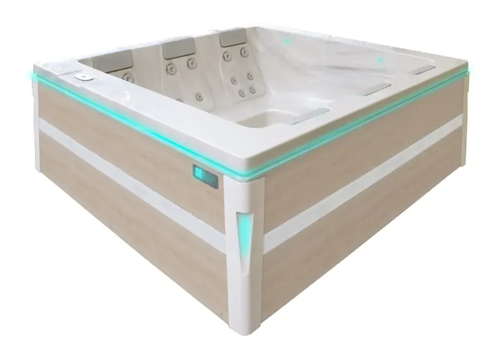 PassionSpa Serene 6 hot tub – modern design, rectangular shape, light wood cladding, white interior, turquoise LED lighting