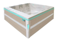 PassionSpa Serene 6 hot tub – modern design, rectangular shape, light wood cladding, white interior, turquoise LED lighting