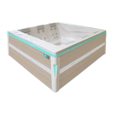 PassionSpa Serene 6 modern rektangulärt spabad med ljus träpanel, vit interiör och turkos LED-belysning