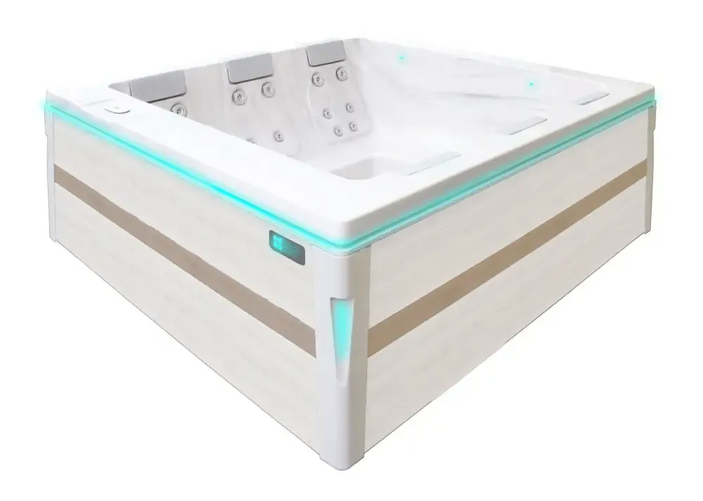 PassionSpa Serene 6 hot tub – modern design, beige and white, turquoise LED lighting