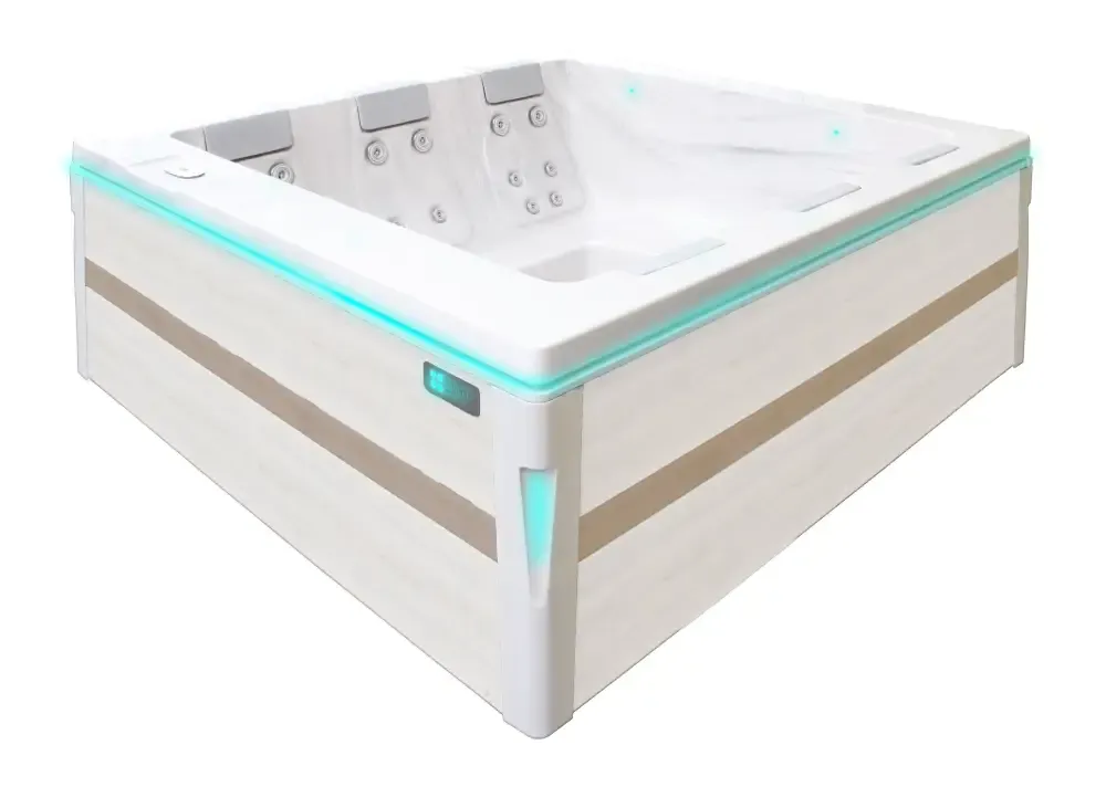 PassionSpa Serene 6 hot tub – modern design, beige and white, turquoise LED lighting