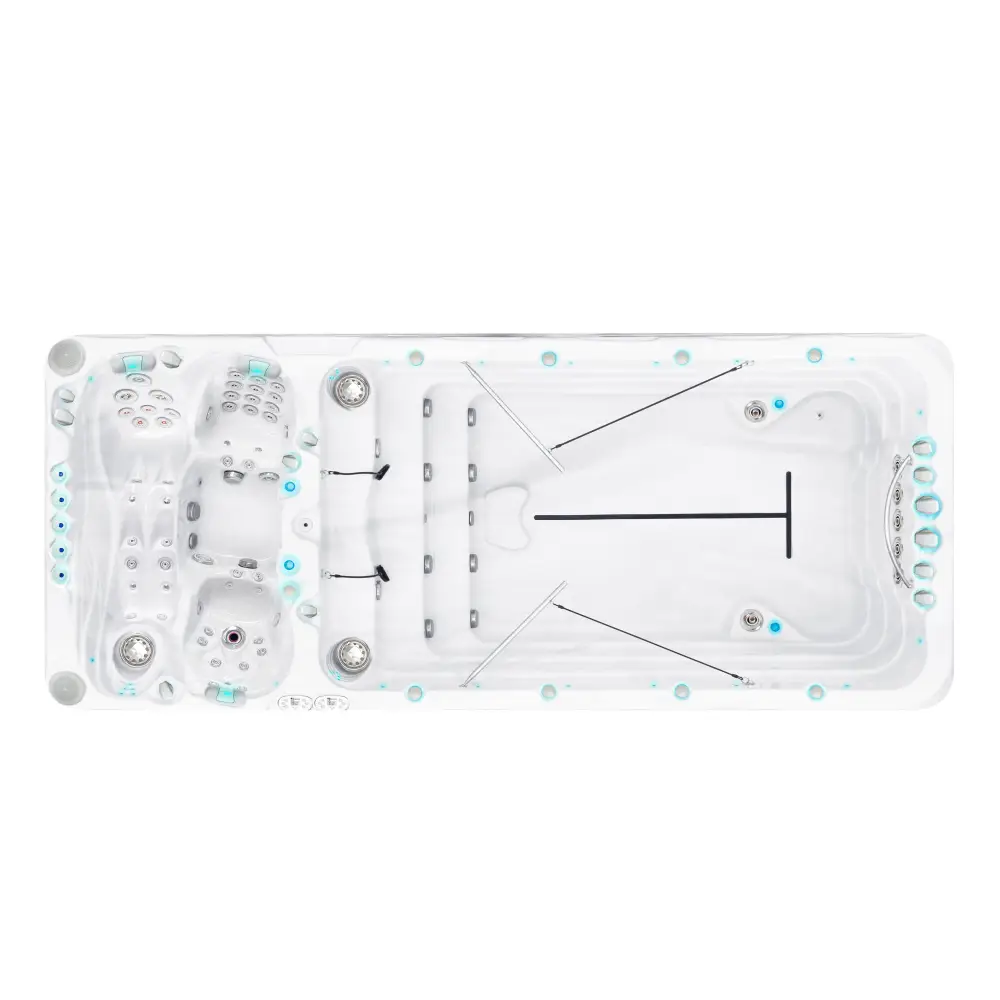 Vit PassionSpa Spirit Deep Swim Spa med vit bad, ljusblå belysning och jetmunstycken