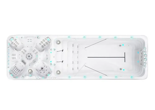 PassionSpa Vitality Deep swim spa – white finish, seating, massage jets, blue lighting