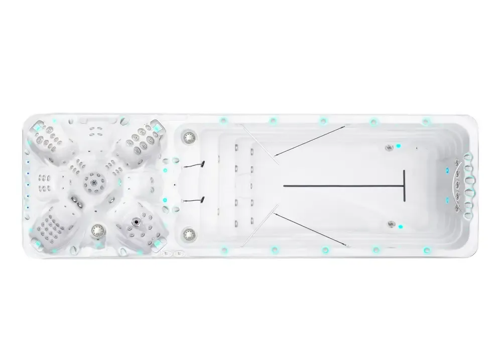 Vit PassionSpa Vitality Swim Spa med vit rektangulär form, jettsäten och turkos belysning