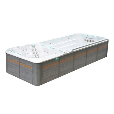 Modern PassionSpa Vitality Swim Spa med grå trädetaljer, vit jet och blåljus