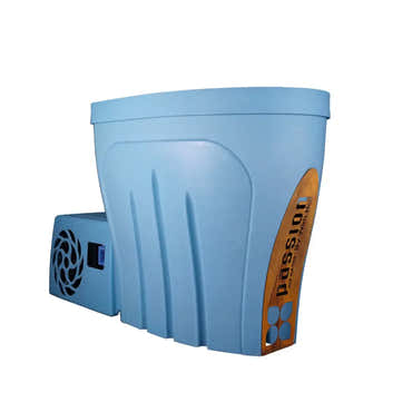 PassionSpa Wim Hof Ice Revive ice bath – light blue plastic, orange PassionSpa branding, small cooling unit