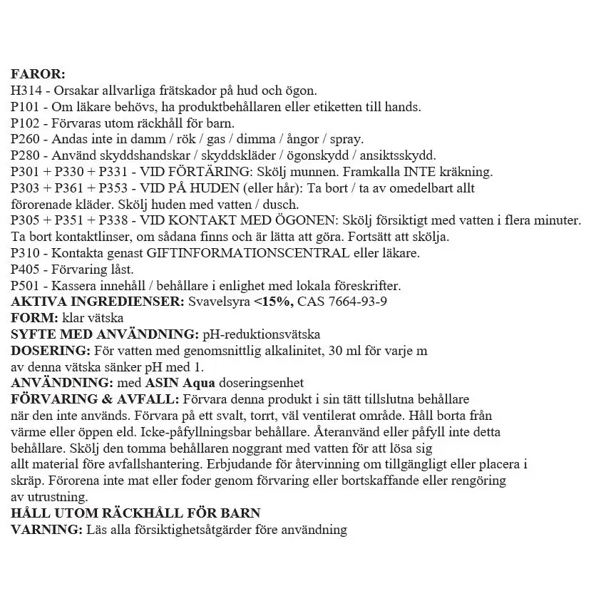 Flytande 20L poolkemikalie Faror pH-reducerare för balanserat poolvatten