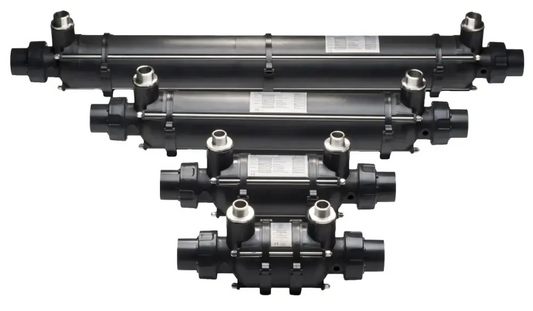 Black plastic heat exchanger with stainless steel threaded fittings Black plastic heat exchanger with stainless steel threaded fittings