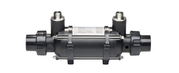 Black plastic heat exchanger with stainless steel threaded fittings