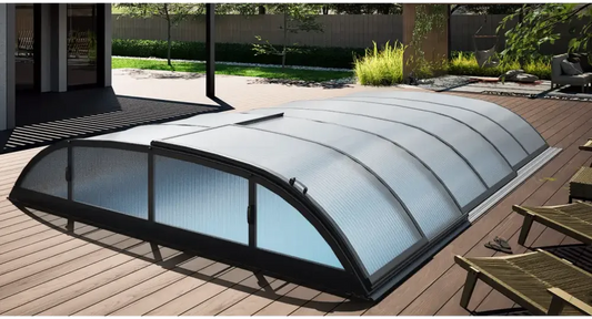 Dallas pool enclosure – 3 x 6, curved design, transparent plastic sheet, black metal frame