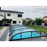 Blåtonad glas Pooltak Dallas med svart ram över blå pool