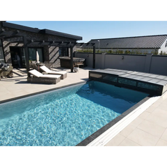 ICON KIT S1 pool enclosure – 3 x 6, rectangular shape, clear panels, single anthracite rail, side door, modern pool