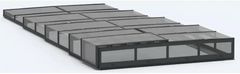 Icon Kit pool enclosure – modern design, black frame, modular roof panels, clear panels, geometric pattern, for a pool