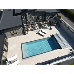 ICON KIT S1 pool enclosure – 3 x 6, rectangular shape, clear panels, side door, single anthracite rail, blue water
