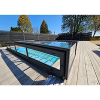 Modern glashägnad pool med pooltak icon kit, svart ram och transparenta paneler