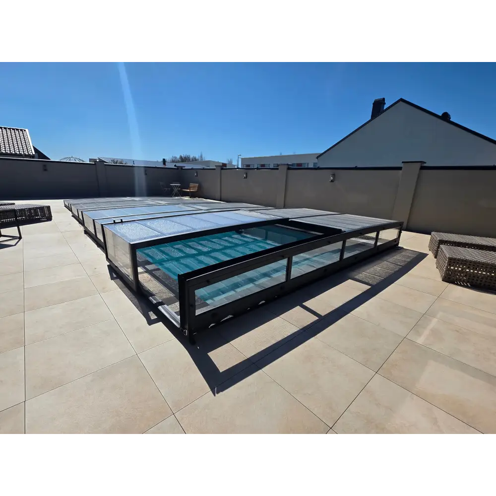 ICON KIT S3 pool enclosure – 4 x 9, black frame, clear panels, side door, single rail, anthracite frame, buy a pool