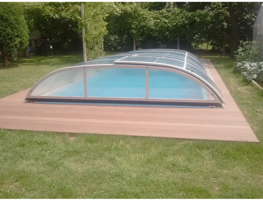 NIVO KIT 650WC pool enclosure – 3 x 6, ELOX, curved clear panels, blue water