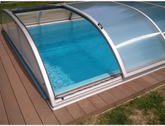 NIVO KIT 650WC pool enclosure – 3 x 6, ELOX, silver frame, clear multiwall plastic panels, side door