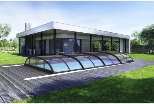 Smart pool enclosure – modern design, arched design, clear multiwall plastic panels, black frame