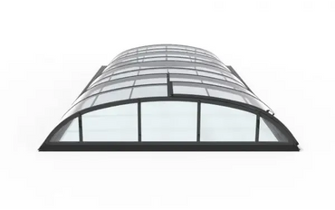 Smart pool enclosure – modern design, curved roof with clear panels, black frame, clear multiwall plastic panels