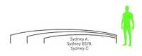 Minimalistisk svart linjeritning av Sydney pooltak med sittplatser och figur